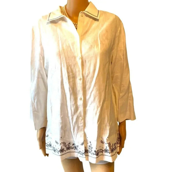 Norton McNaughton 100% Linen Floral Embroidery Button Up Shirt Women Size M - Picture 1 of 8